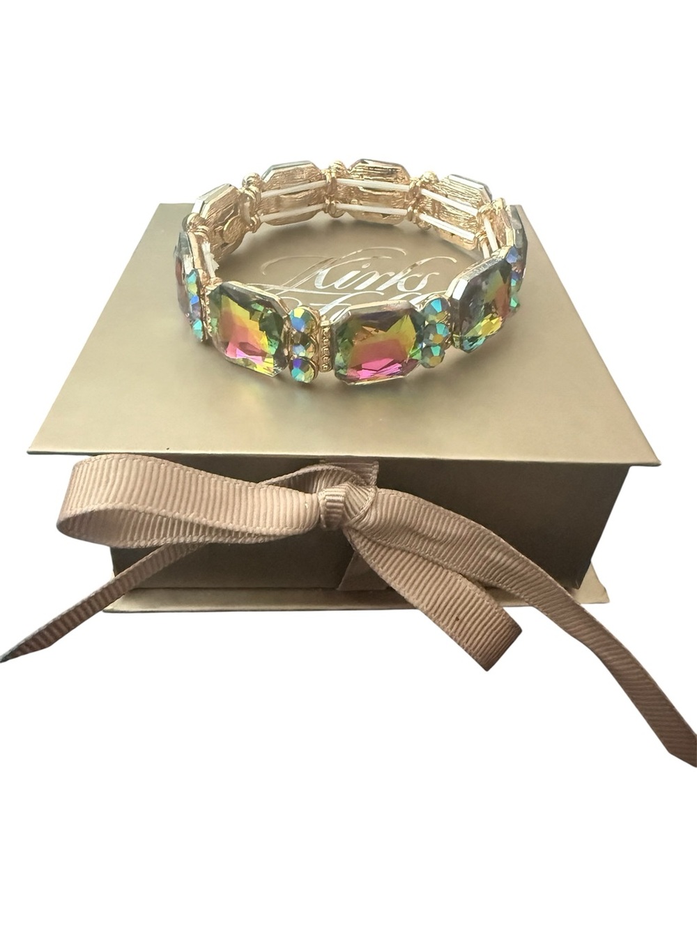 NOS Kirks Folly Aurora Borealis Crystals Stretch Gold Tone Bracelet With Box
